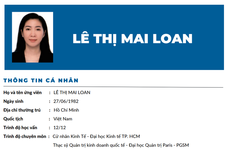 Thông tin về bà Lê Thị Mai Loan (Ảnh: Eximbank)