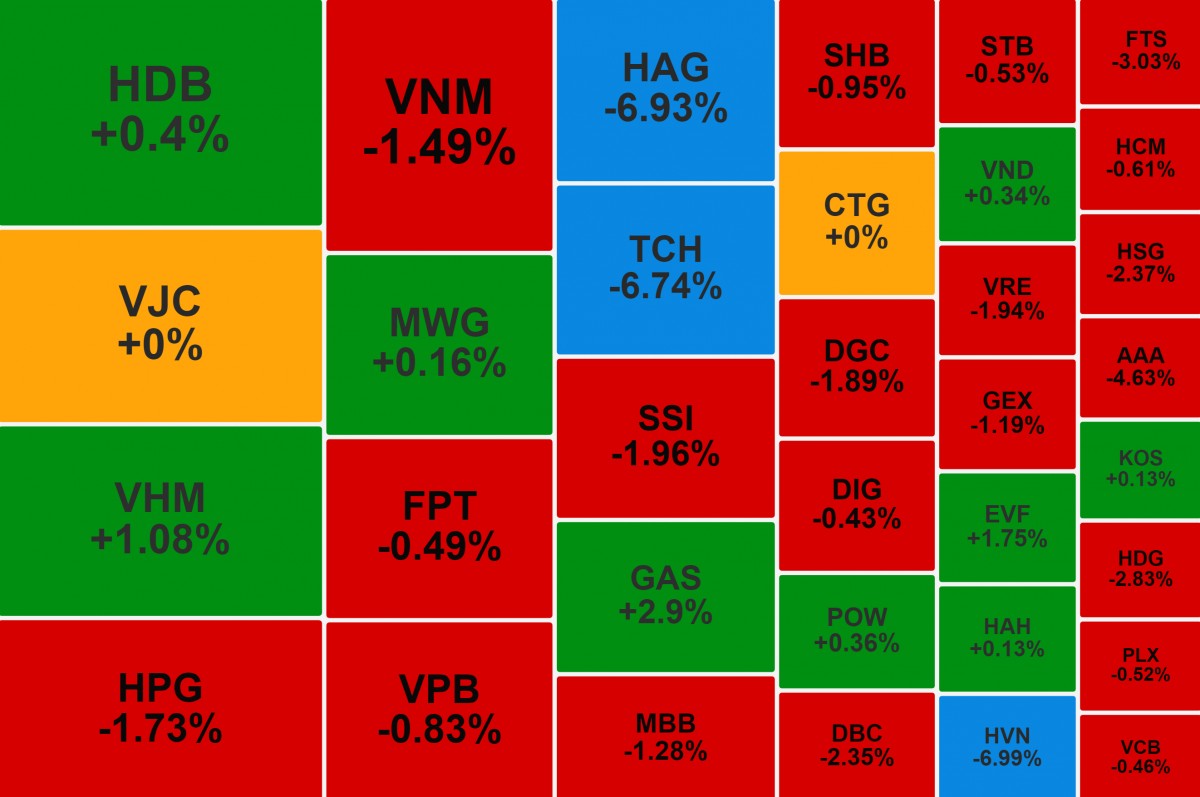 VN-Index 'đứt mạch' hồi phục, bộ đôi cổ phiếu nhóm Hoàng Huy nằm sàn