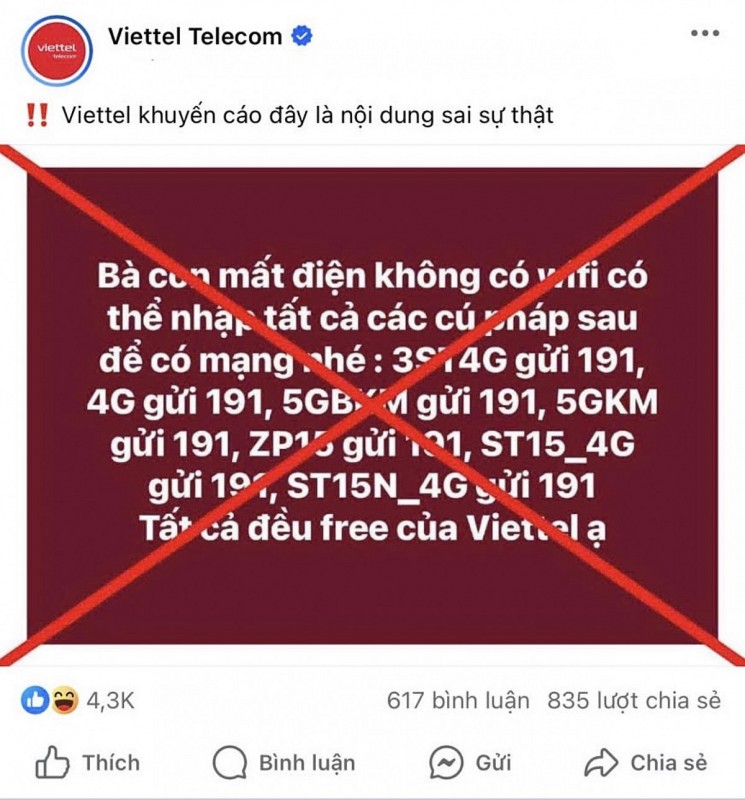 Viettel Telecom lên tiếng xác nhận đây là thông tin sai sự thật.