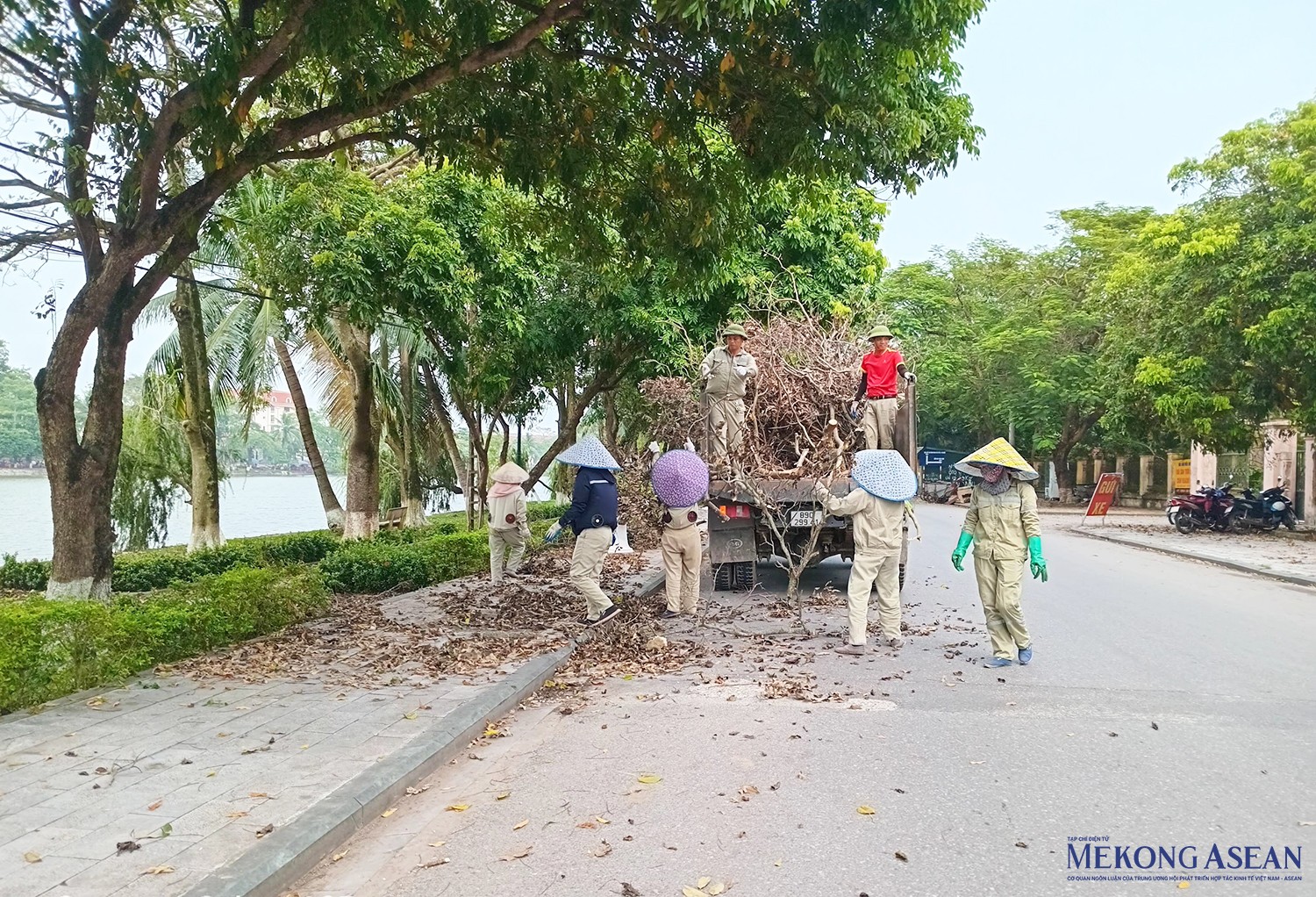 Các lực lượng dọn dẹp cành cây bị đổ gãy sau bão trên các tuyến đường tại thành phố Hưng Yên. Ảnh chụp trưa 16/9.