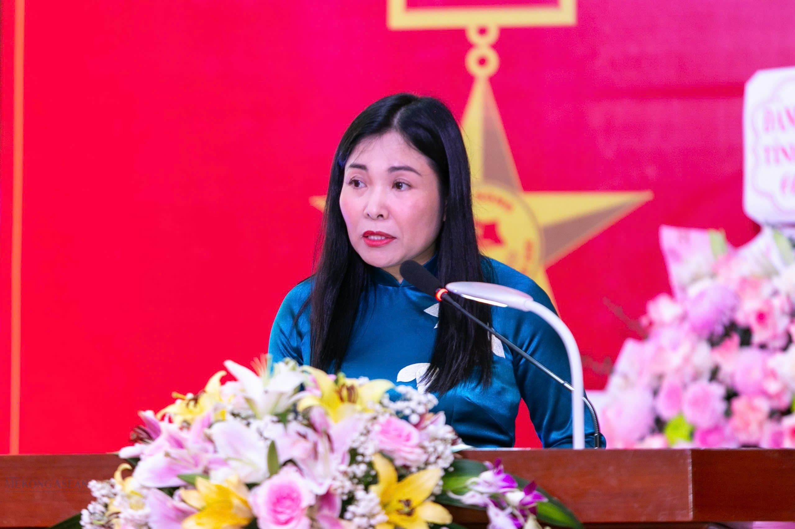 Bí thư Huyện ủy Thanh Hà Phạm Thị Thanh Tâm đọc diễn văn tại lễ kỷ niệm.