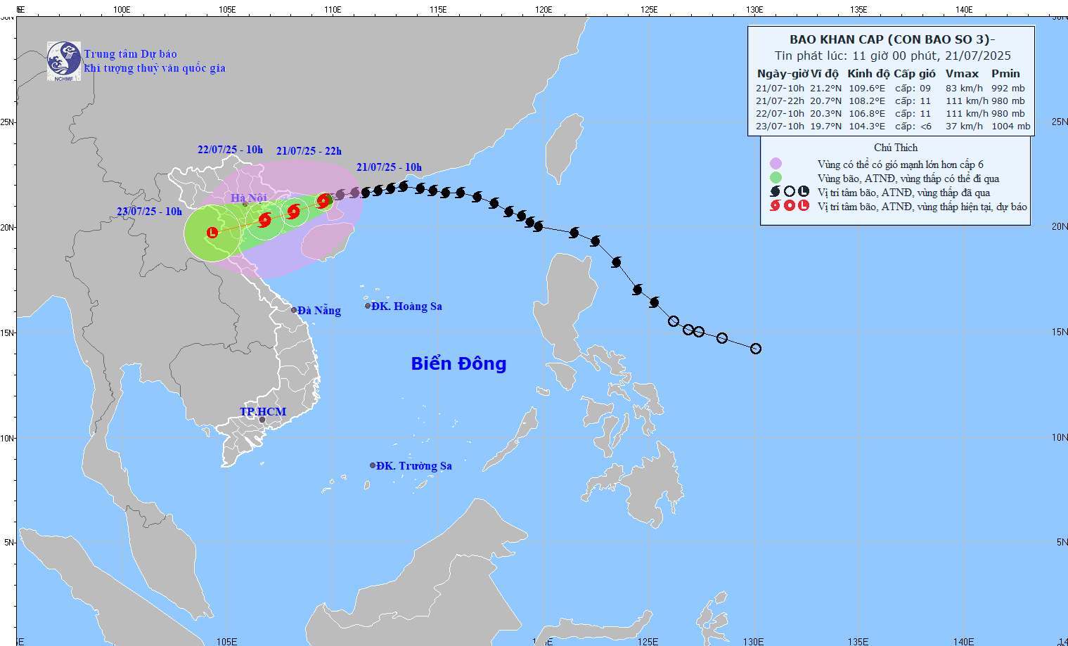 Hướng đi của bão Wipha. Ảnh: Trung tâm dự báo khí tượng thủy văn quốc gia.