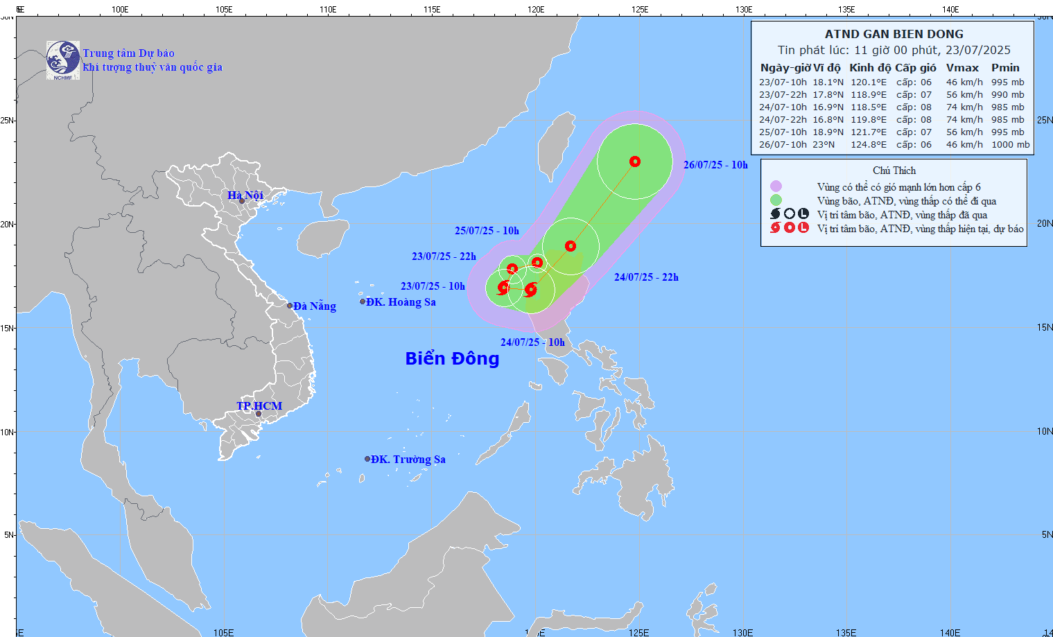 Hướng đi của áp thấp nhiệt đới mới xuất hiện gần Biển Đông. Ảnh: