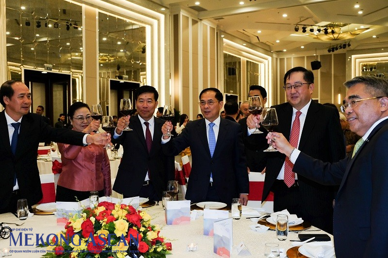 Bộ trưởng Bùi Thanh Sơn và Đại sứ Dato’ Tan Yang Thai nâng ly chúc mừng tình hữu nghị bền lâu, hòa bình, ổn định và thịnh vượng trong ASEAN. Ảnh: Tùng Dương/Mekong ASEAN