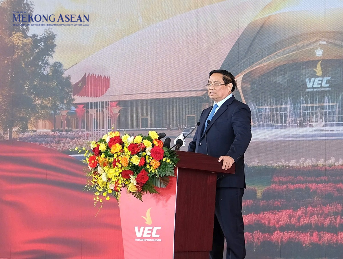 Thuủ tướng Phạm Minh Chính phát biểu tại lễ khánh thành. Ảnh: Tùng Dương/Mekong ASEAN.