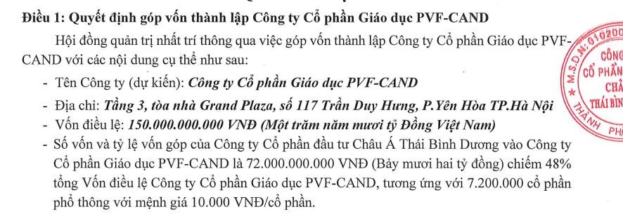 API chi 72 tỷ đồng góp vốn thành lập Công ty Giáo dục PVF-CAND