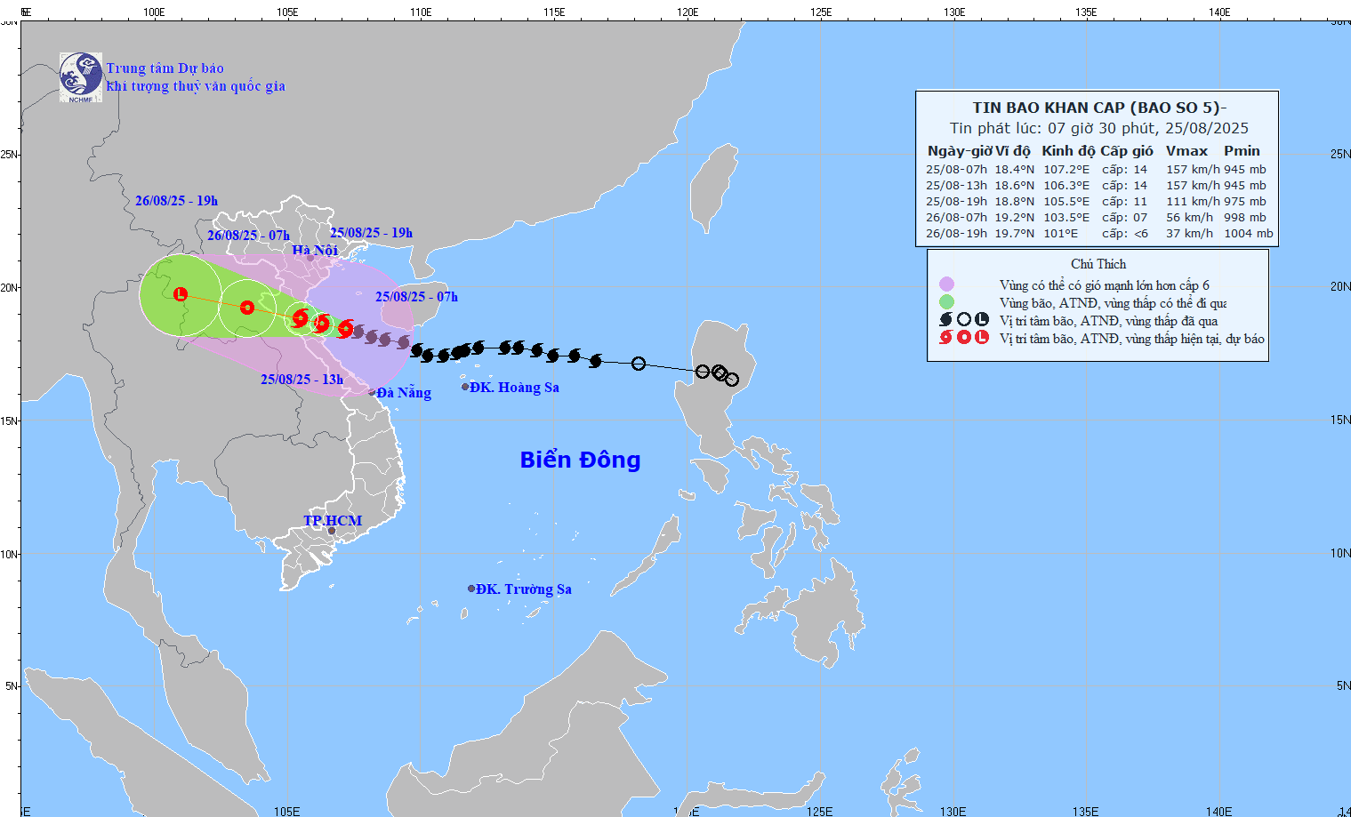 Hướng đi của bão số 5. Ảnh: Trung tâm Dự báo Khí tượng thủy văn Quốc gia.