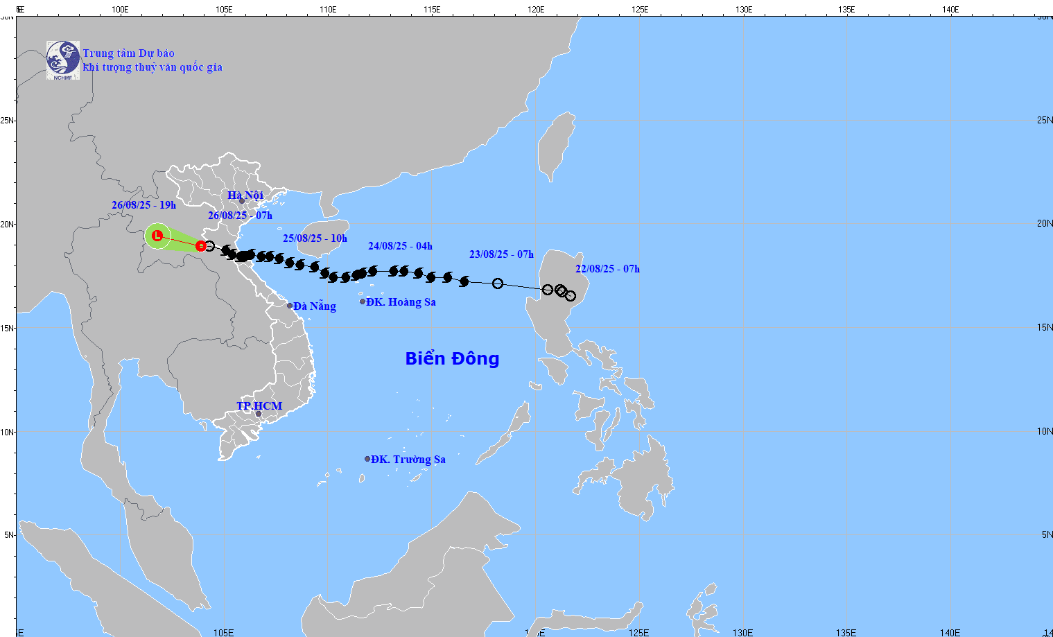 Hướng đi của bão số 5. Ảnh: Trung tâm Dự báo Khí tượng thủy văn Quốc gia.