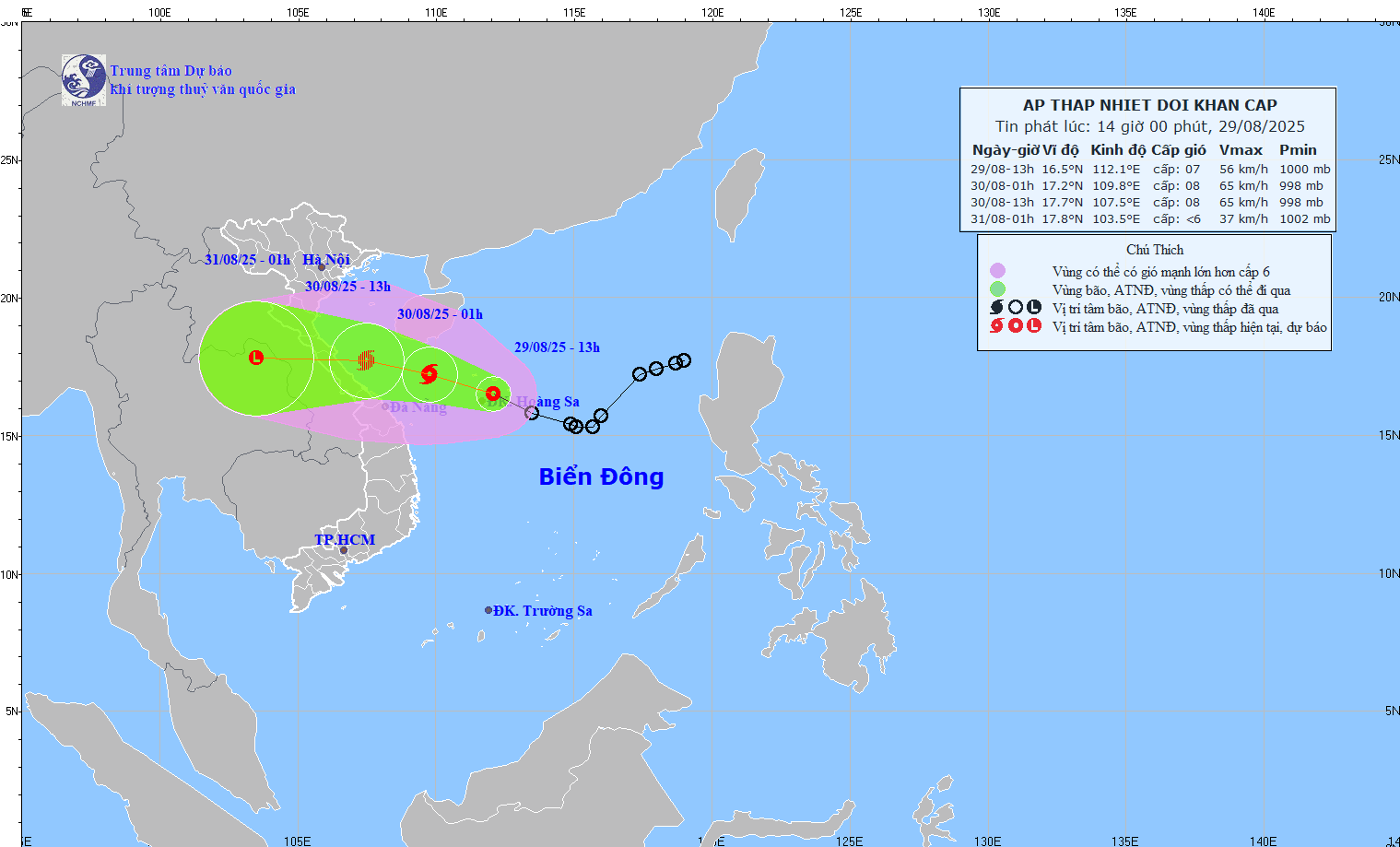 Hướng đi của áp thấp nhiệt đới lúc 13h ngày 29/8. Ảnh: