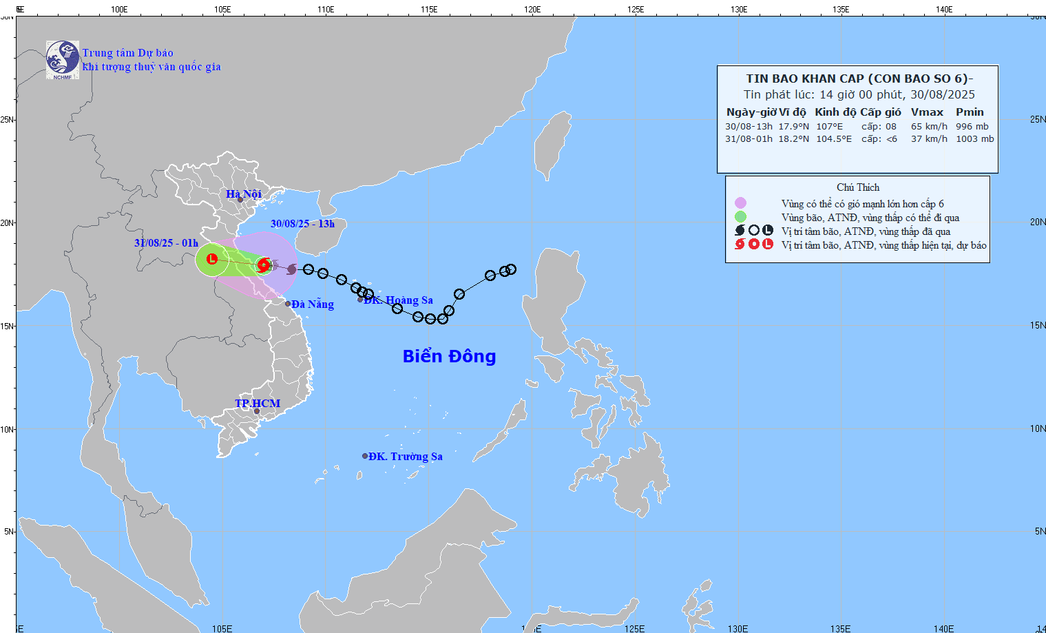 Hiện trạng bão số 6 lúc 13h ngày 30/8. Ảnh: Trung tâm Dự báo Khí tượng thủy văn Quốc gia.