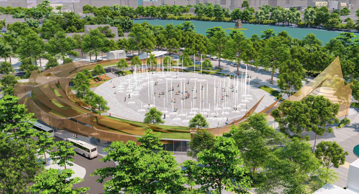 Phối cảnh minh họa quảng trường - công viên phía Đông hồ Hoàn Kiếm có tổng diện tích 2,14 ha. Ảnh: Báo Tin tức.