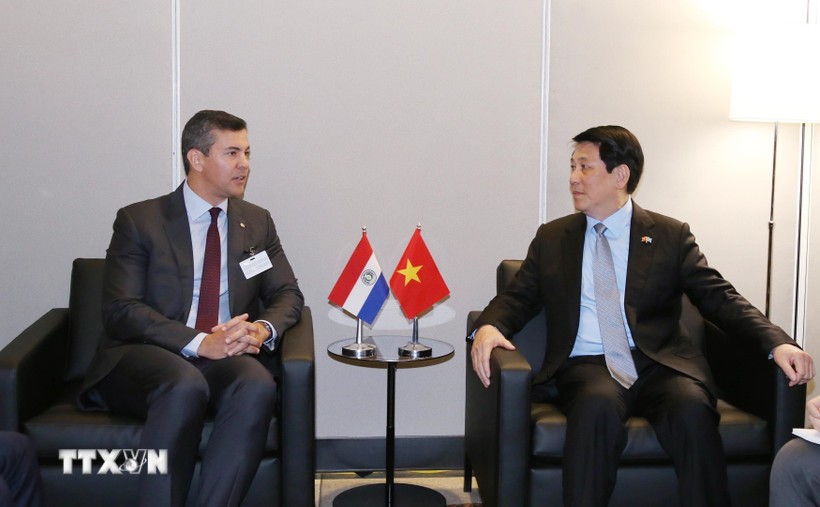 Chủ tịch nước Lương Cường gặp Tổng thống Paraguay Santiago Pena Palacios. Ảnh: TTXVN.