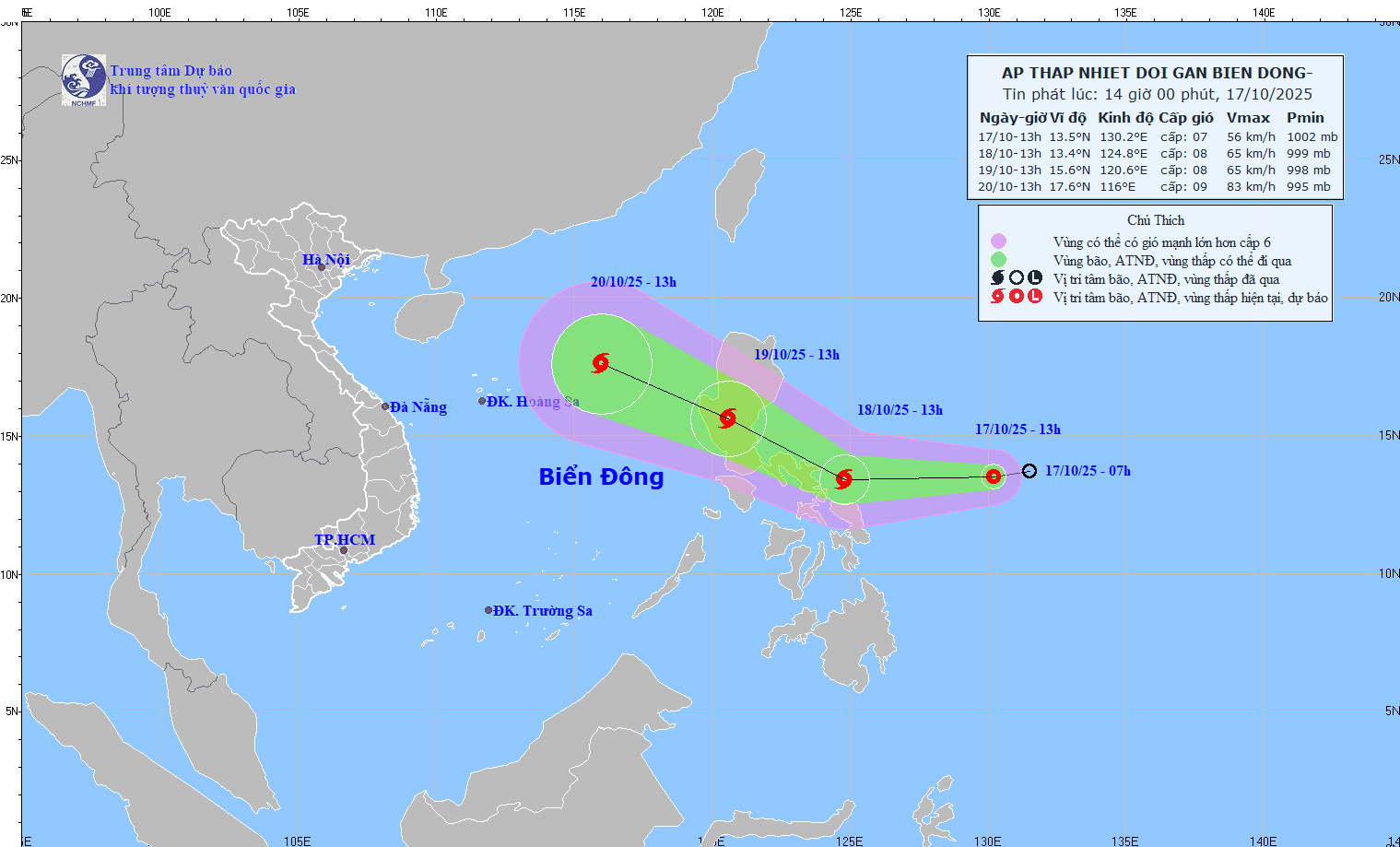 Hướng đi của áp thấp nhiệt đới mới xuất hiện gần Biển Đông. Ảnh: 