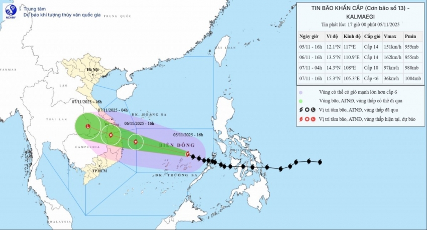 Bão số 13 cách Quy Nhơn khoảng 880 km, rạng sáng 7/11 vào đất liền