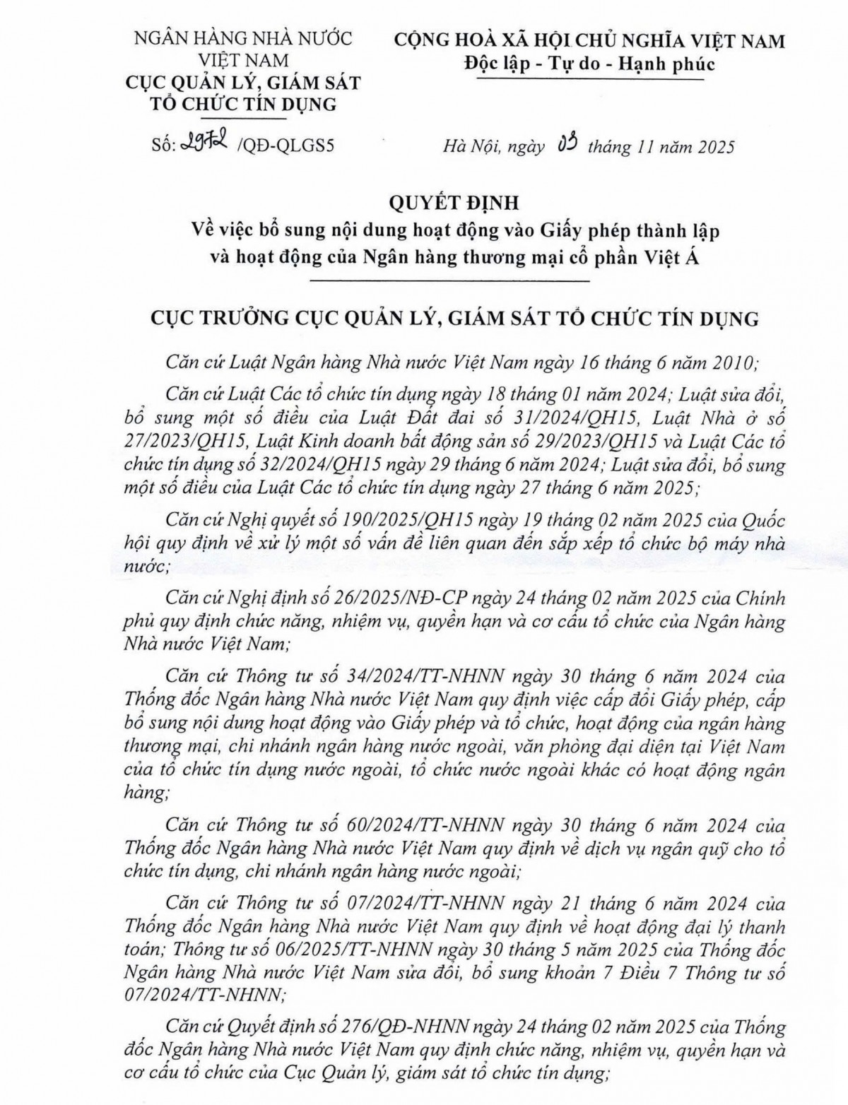 Ngân hàng Việt Á công bố thông tin bổ sung nội dung giấy phép hoạt động
