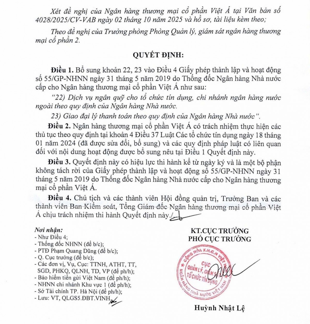 Ngân hàng Việt Á công bố thông tin bổ sung nội dung giấy phép hoạt động