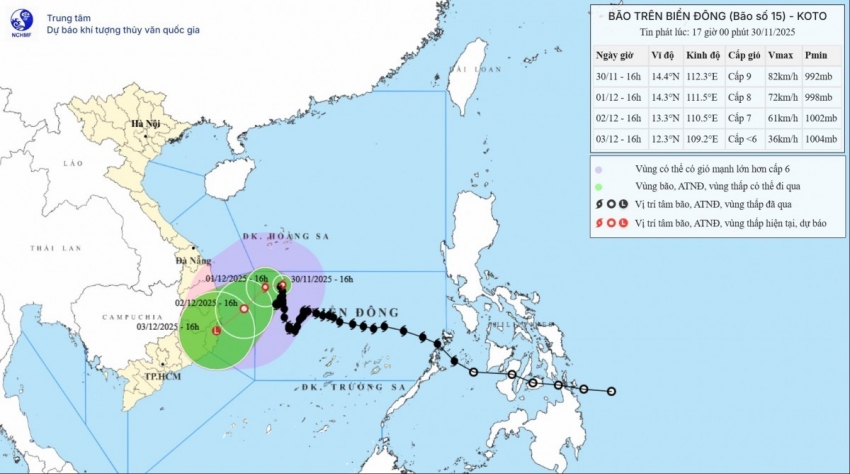 Bão số 15 suy yếu dần, hướng về bờ biển Gia Lai - Đắk Lắk