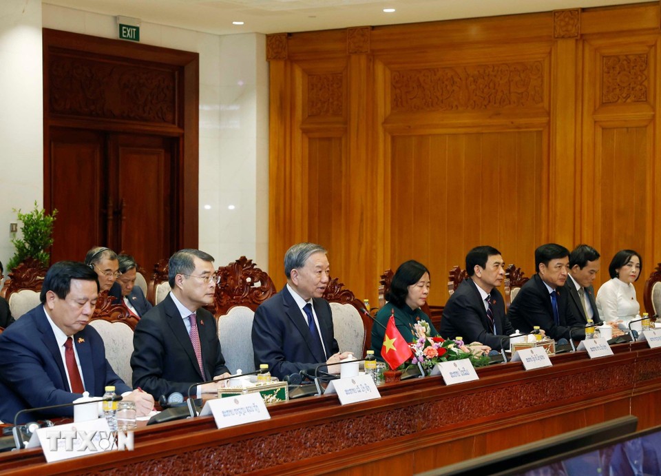 Tổng Bí thư Tô Lâm phát biểu tại cuộc hội kiến Chủ tịch Quốc hội Lào. 