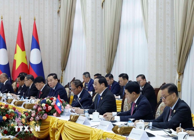 Thủ tướng Lào Sonexay Siphandone phát biểu tại cuộc hội kiến Tổng Bí thư Tô Lâm.