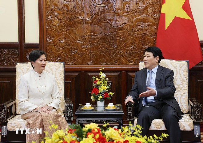 Chủ tịch nước Lương Cường bày tỏ mong muốn Đại sứ, dù ở cương vị công tác mới, sẽ tiếp tục là cầu nối vun đắp quan hệ đoàn kết, hữu nghị và hợp tác lâu dài giữa Việt Nam và Campuchia - Ảnh: TTXVN