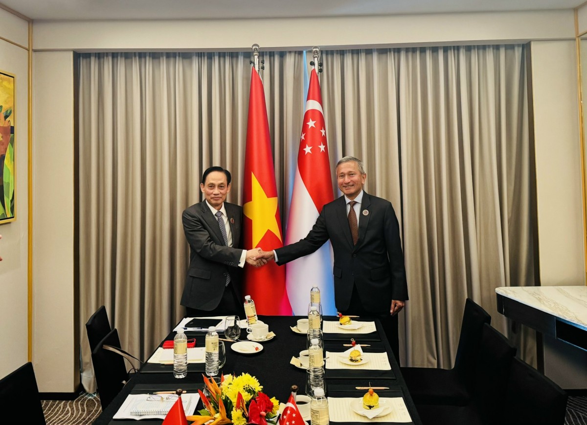Bộ trưởng Ngoại giao Lê Hoài Trung và người đồng cấp Singapore Vivian Balakrishnan. Ảnh: BNG