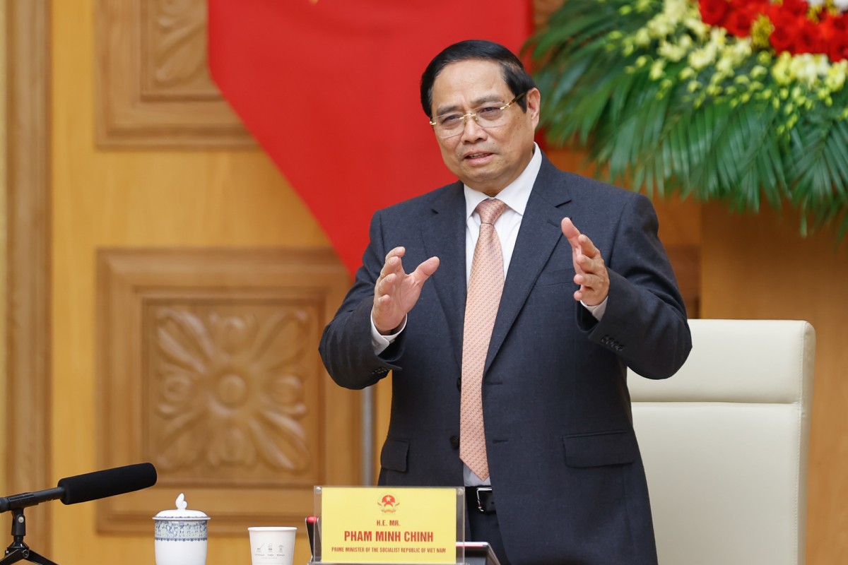 Thủ tướng Phạm Minh Chính phát biểu tại buổi tiếp các doanh nghiệp Thụy Sĩ và châu Âu - Ảnh: VGP/