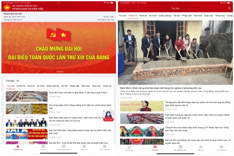 Giao diện ứng dụng Ban Tuyên giáo và Dân vận.