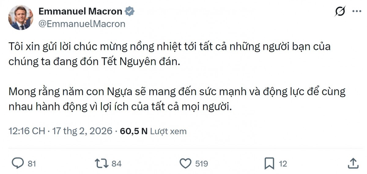 Bài viết bằng tiếng Việt trên trang X của ông Macron. Ảnh chụp màn hình