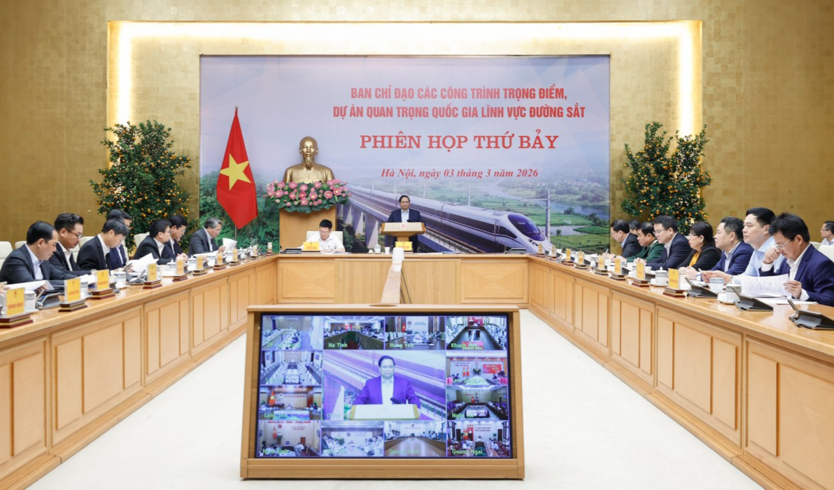 Thủ tướng Phạm Minh Chính, Trưởng Ban Chỉ đạo các công trình trọng điểm, dự án quan trọng quốc gia lĩnh vực đường sắt chủ trì phiên họp thứ 7 của Ban Chỉ đạo. Ảnh: VGP.
