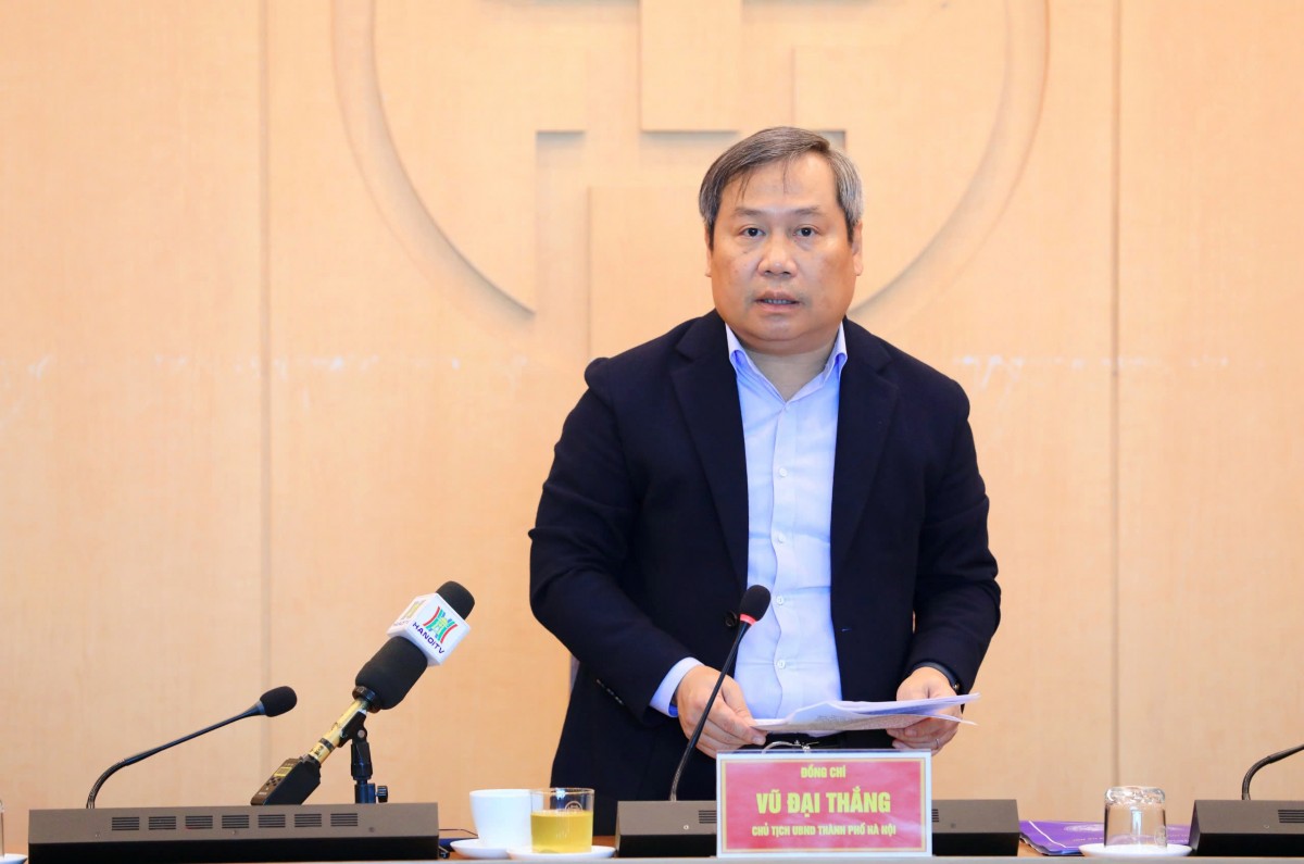 Chủ tịch UBND thành phố Hà Nội Vũ Đại Thắng phát biểu chỉ đạo tại cuộc họp. Ảnh: Phạm Linh