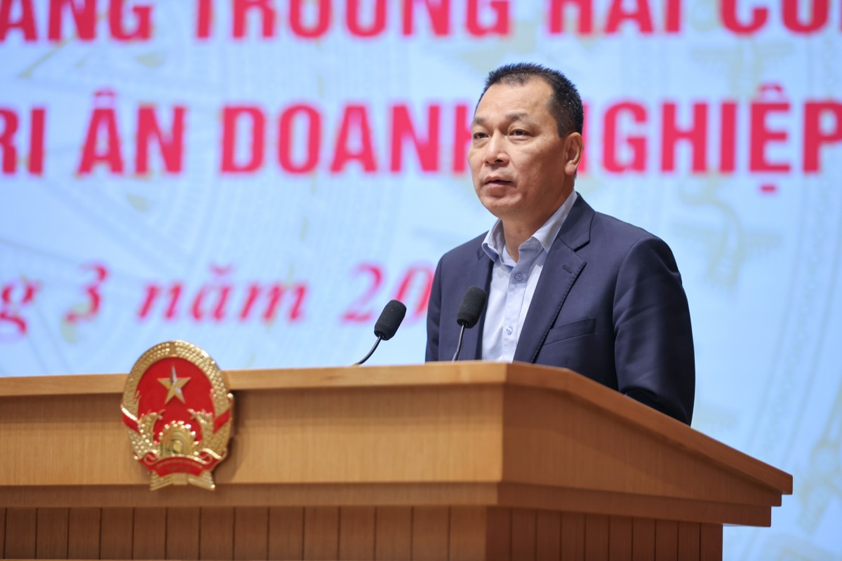 Ông Đặng Hoàng An, Chủ tịch HĐTV Tập đoàn Điện lực Việt Nam (EVN) phát biểu tại Hội nghị - Ảnh VGP.