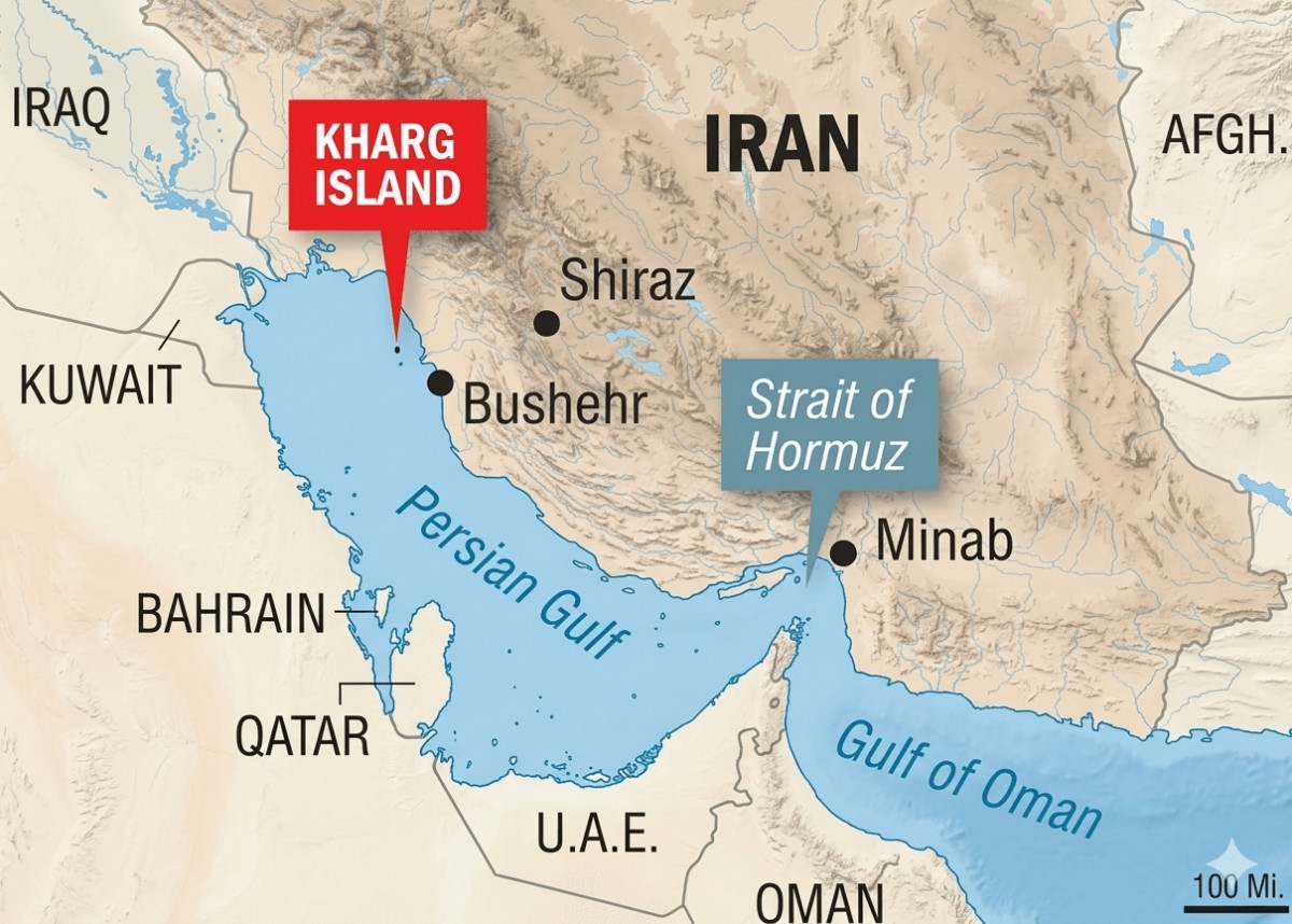 Vị trí của đảo Kharg (Kharg Island) và Eo biển Hormuz (Strait of Hormuz). Ảnh: Guideoftheworld.com