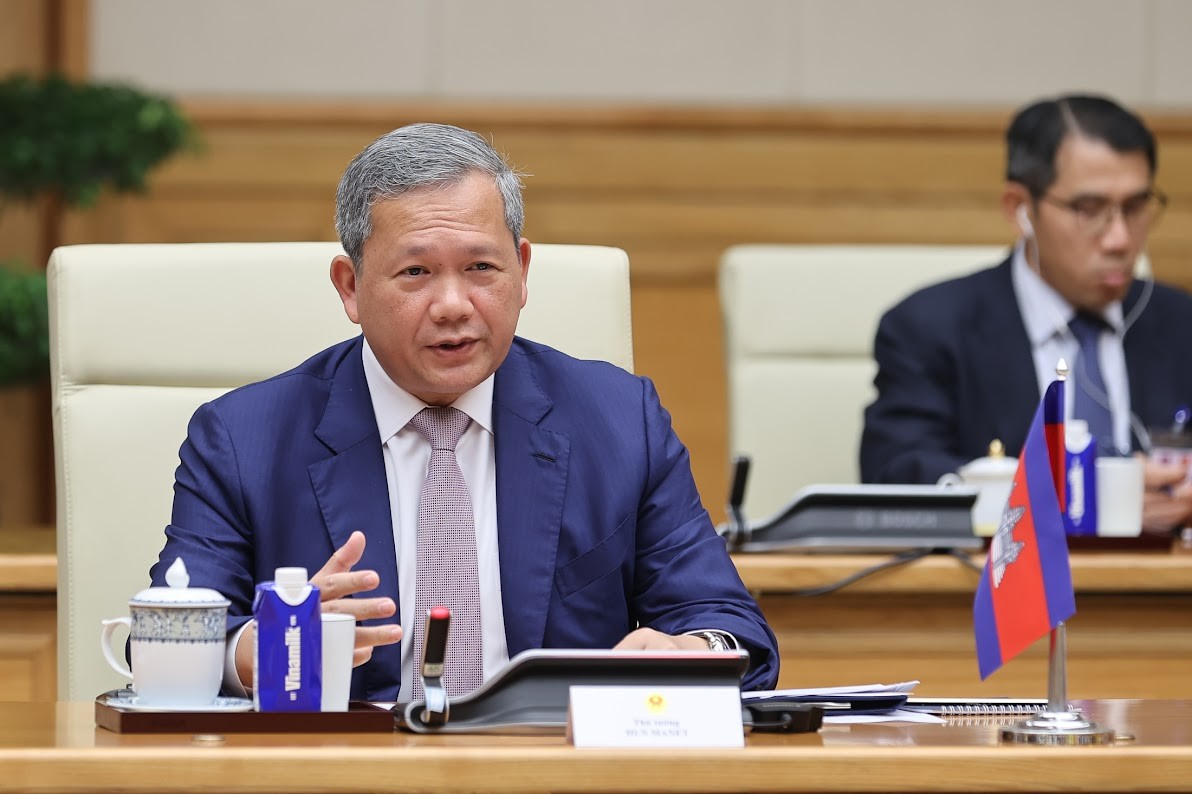 Thủ tướng Hun Manet khẳng định cam kết của Chính phủ Campuchia trong việc phối hợp cùng Chính phủ Việt Nam triển khai hiệu quả kết quả Cuộc gặp cấp cao giữa Bộ Chính trị Đảng Cộng sản Việt Nam và Ban Thường vụ Đảng CPP - Ảnh: VGP.