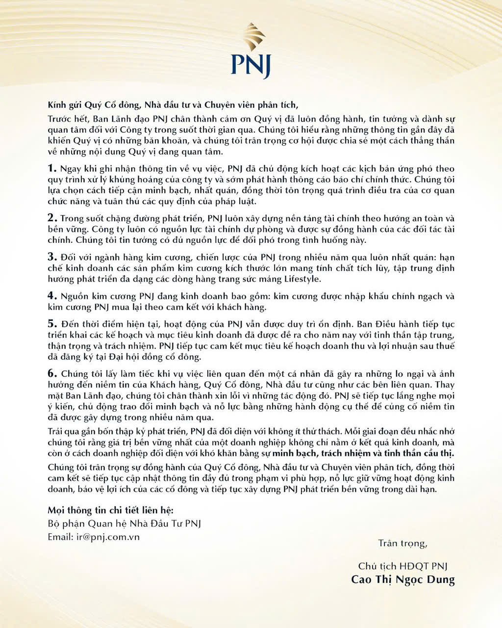 Chủ tịch PNJ Cao Thị Ngọc Dung gửi tâm thư, xin lỗi khách hàng và cổ đông