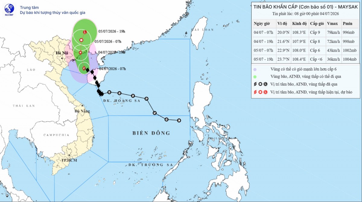 Hướng đi của bão số 1 hồi 7h ngày 4/7. Ảnh:Trung tâm Dự báo Khí tượng Thuỷ văn quốc gia