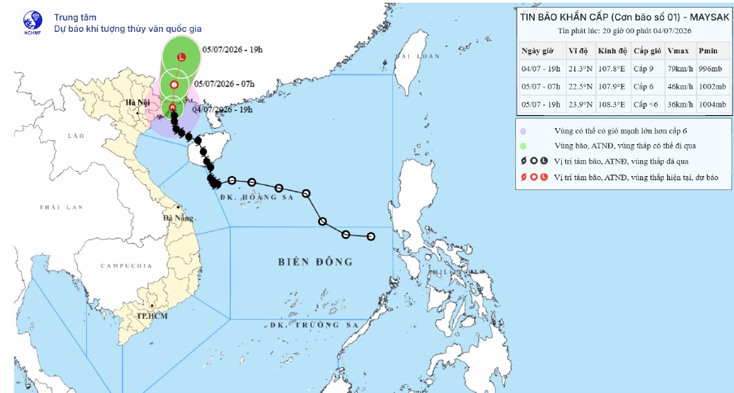 Hướng đi của bão số 1 hồi 7h ngày 4/7. Ảnh:Trung tâm Dự báo Khí tượng Thuỷ văn quốc gia