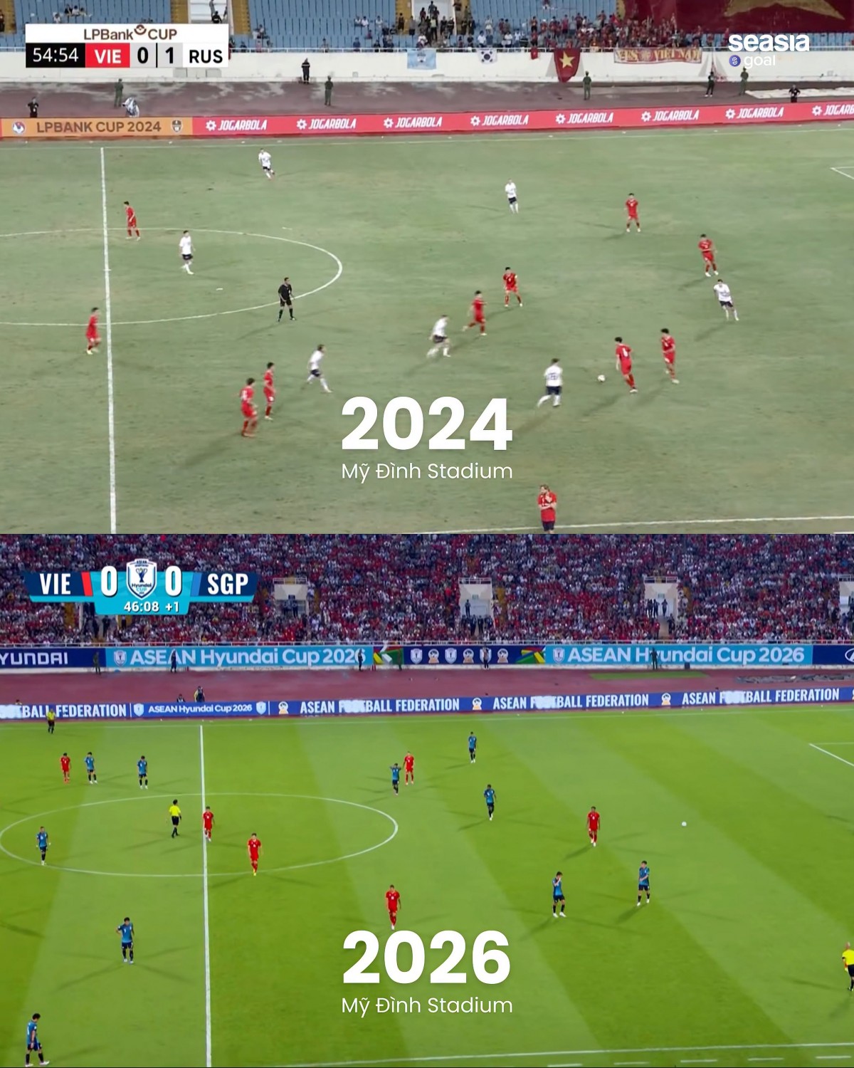 So sánh mặt cỏ sân Mỹ Đình năm 2024 và mặt cỏ ở trận đấu giữa tuyển Việt Nam và Singapore tối 31/7/2026. Ảnh: Seasia goal
