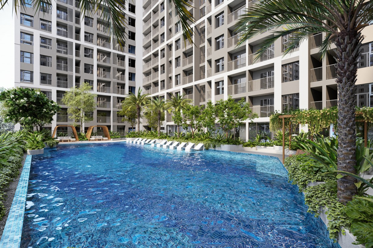 Điểm nhấn của dự án là tổ hợp bể bơi ngoài trời gần 800 m² tại tầng 3 dành cho người lớn và trẻ em, mở rộng không gian rèn luyện sức khỏe và thư giãn nội tòa. Ảnh: BIM Group