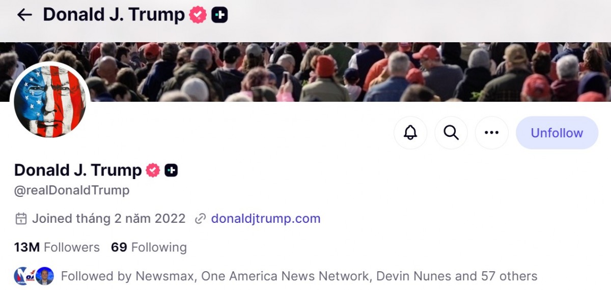 Tài khoản của Tổng thống Donald Trump trên mạng xã hội Truth Social. Ảnh chụp màn hình