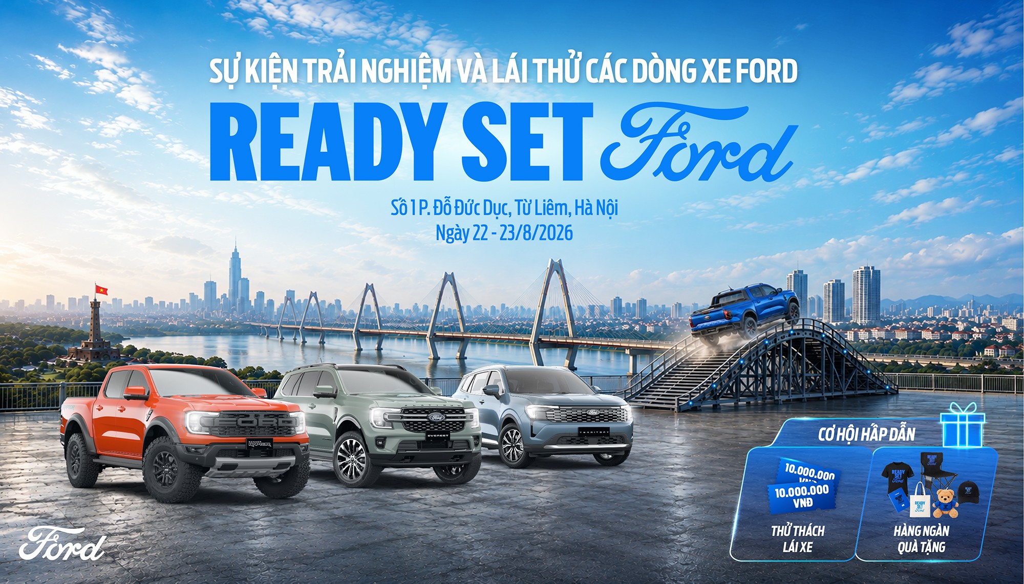 Mở đầu chuỗi sự kiện trải nghiệm tại các tỉnh, thành phố, Ford Việt Nam sẽ tổ chức “Sẵn sàng bứt phá cùng Ready Set Ford” trong 2 ngày, từ 22 - 23/8/2026 tại Trung tâm Triển lãm Kiến trúc, Quy hoạch Xây dựng Quốc gia, Hà Nội. Ảnh: Ford Việt Nam.