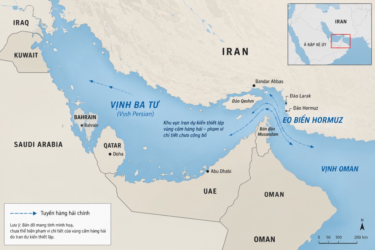 Bản đồ minh họa khu vực Eo biển Hormuz, được tạo với sự hỗ trợ của ChatGPT.