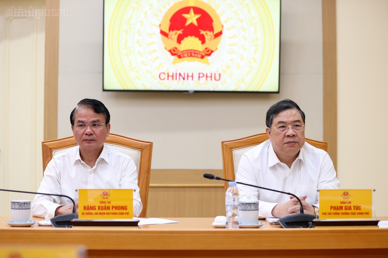 Phó Thủ tướng Thường trực Chính phủ Phạm Gia Túc; Bộ trưởng, Chủ nhiệm Văn phòng Chính phủ Đặng Xuân Phong tham dự cuộc họp. Ảnh: VGP.