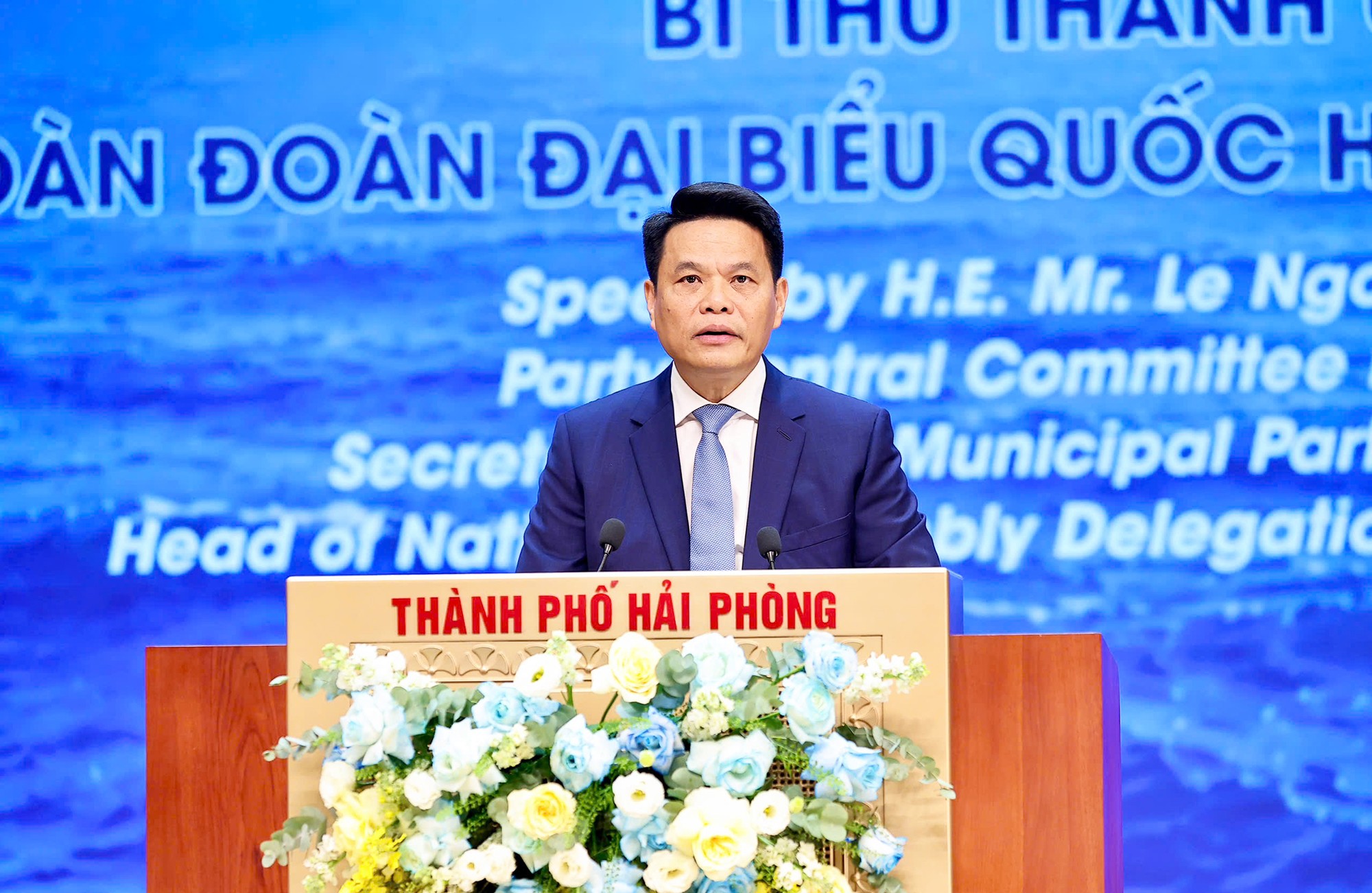 Ông Lê Ngọc Châu, Bí thư Thành ủy, Trưởng Đoàn đại biểu Quốc hội thành phố Hải Phòng phát biểu tại hội nghị. Ảnh: Cổng TTĐT Hải Phòng.