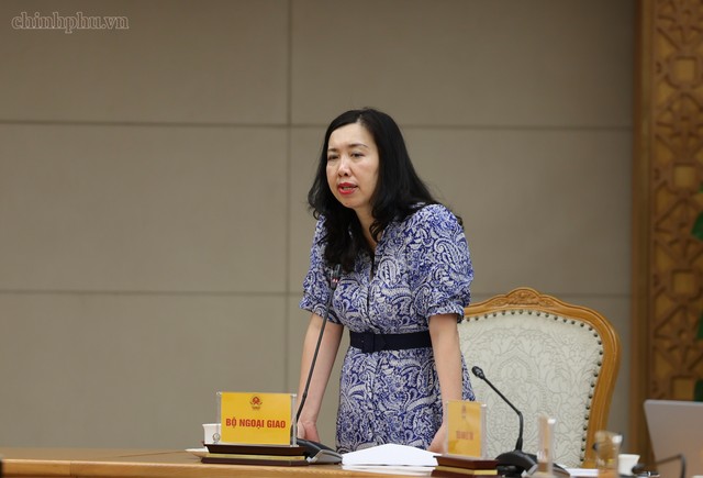 Thứ trưởng Bộ Ngoại giao Lê Thị Thu Hằng phát biểu tại cuộc họp. Ảnh: VGP.