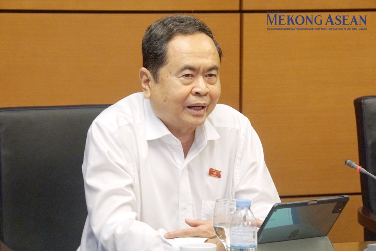 Chủ tịch Quốc hội Trần Thanh Mẫn phát biểu tại phiên thảo luận tổ sáng ngày 10/4. Ảnh: Đinh Nhung/Mekong ASEAN