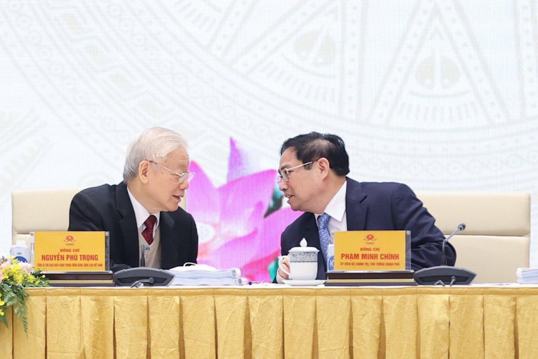 Tổng B&iacute; thư Nguyễn Ph&uacute; Trọng v&agrave; Thủ tướng Phạm Minh Ch&iacute;nh tại Hội nghị.
