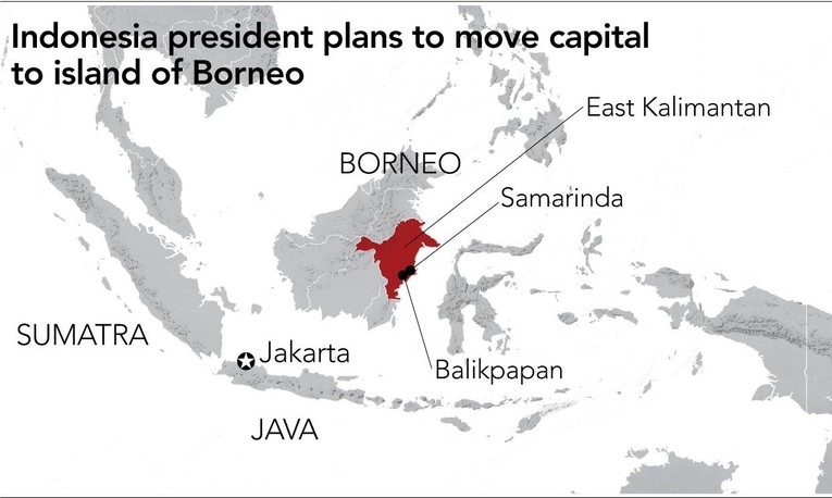 Bản đồ vị tr&iacute; thủ đ&ocirc; mới Nusantara của Indonesia. Ảnh: Nikkei Asia