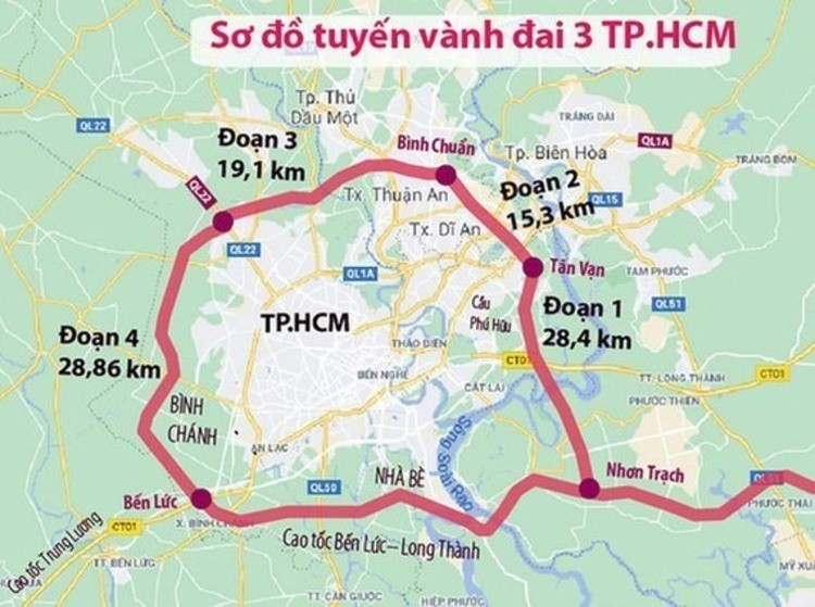 Sơ đồ hướng tuyến Dự &aacute;n V&agrave;nh đai 3 TP HCM. Nguồn: VGP.