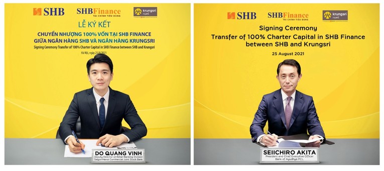 Đại diện ng&acirc;n h&agrave;ng SHB v&agrave; ng&acirc;n h&agrave;ng Krungsri k&yacute; kết chuyển nhượng 100% vốn tại SHB Finance. Ảnh: SHB