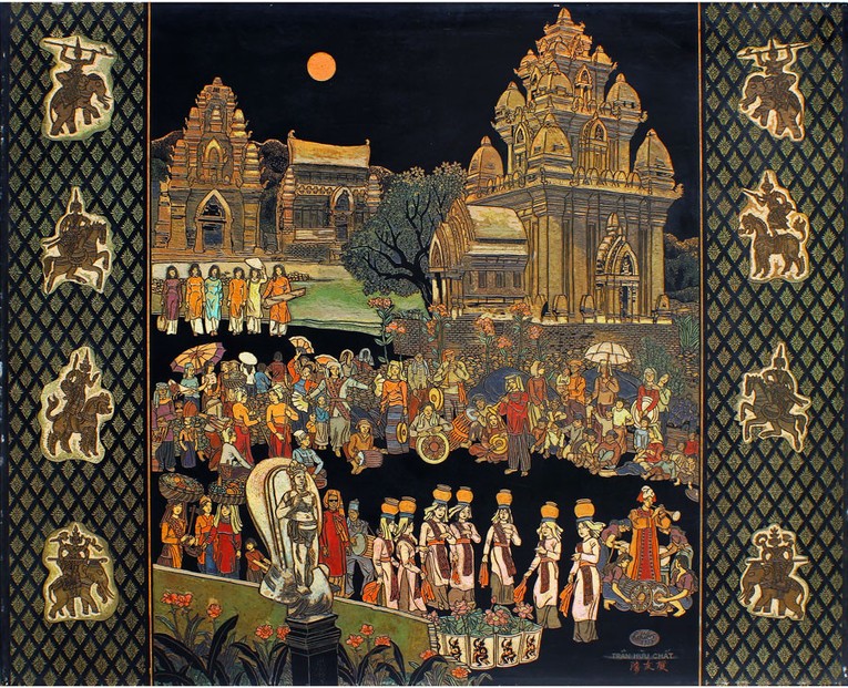 T&aacute;c phẩm &amp;amp;amp;quot;Dưới Th&aacute;p Ch&agrave;m&amp;amp;amp;quot; của họa sĩ Trần Hữu Chất, được vẽ bằng sơn khắc v&agrave;o năm 1987